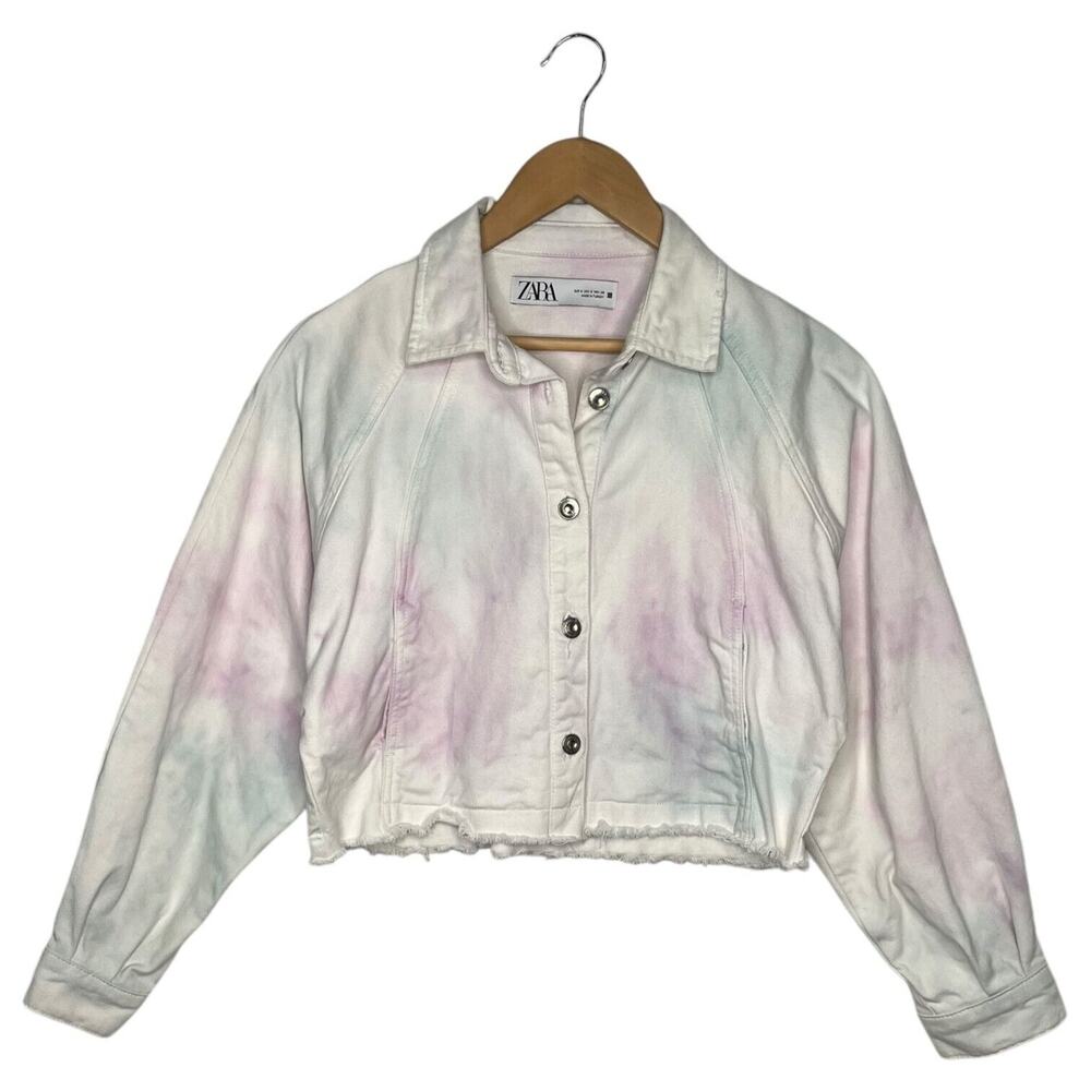 Zara Jacket Womens S Pastel Tie Dye Cropped Dolman Frayed Hem Pockets White